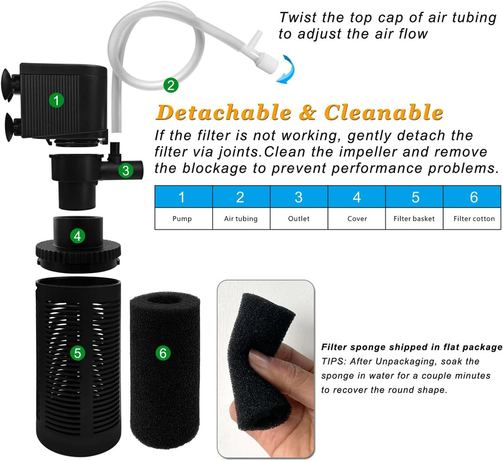 DOMICA Small Aquarium Filter with Aeration System 92GPH 5W Internal Filter