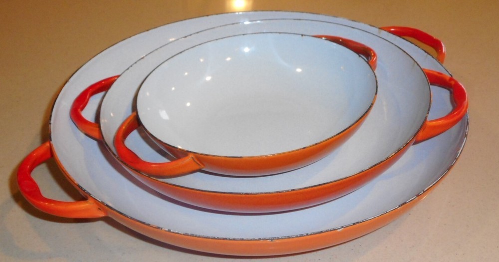 Sauté Pans Orange & White Enamel Set 3 Nesting