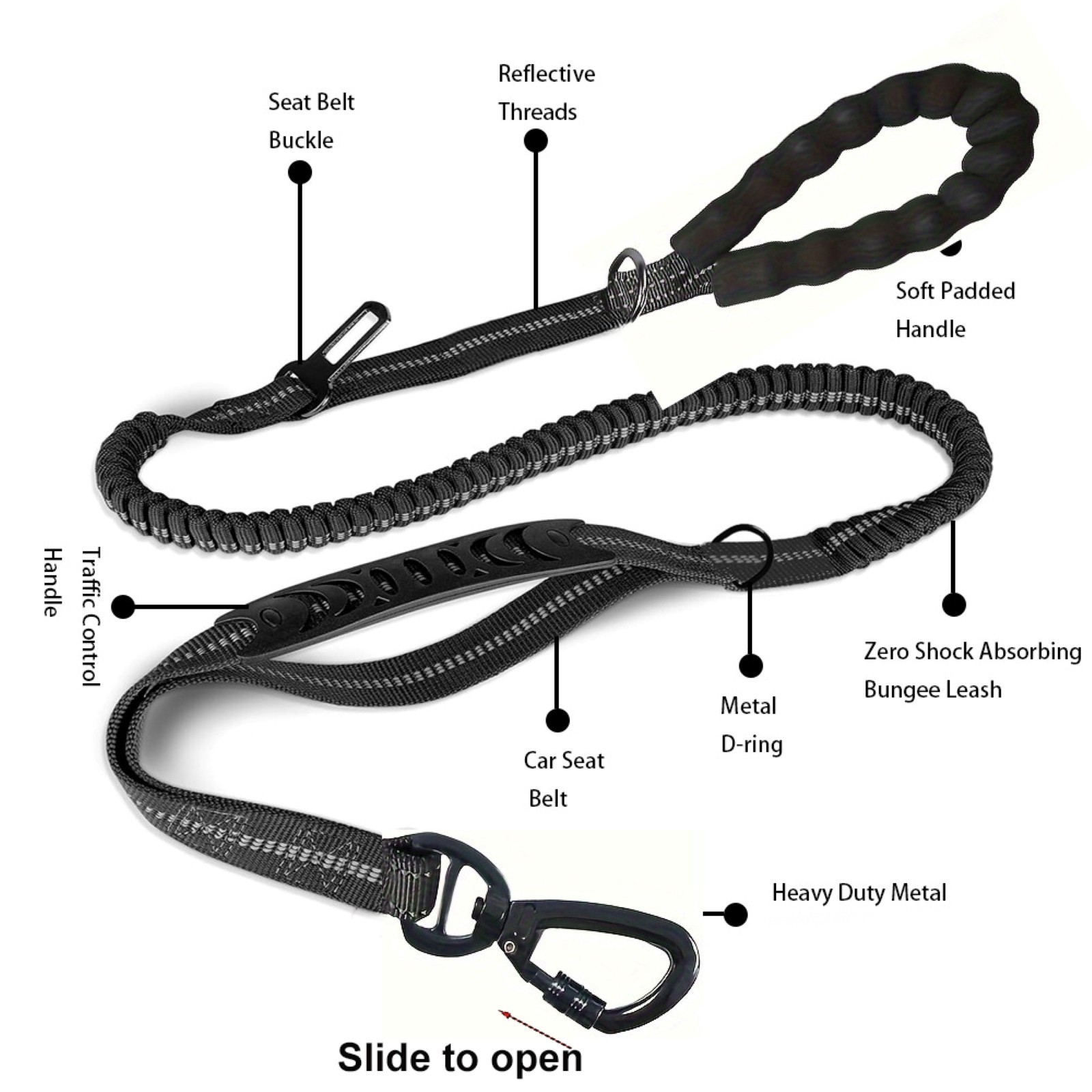 4-in-1 Bungee Dog Leash Car Seat Belt Adjustable Walking Anti-Pull Leash 5-6.3FT