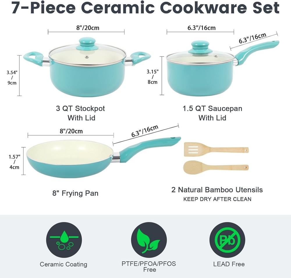 Nonstick Ceramic Cookware Set 7Pcs Kitchen for College Student Portable Durable