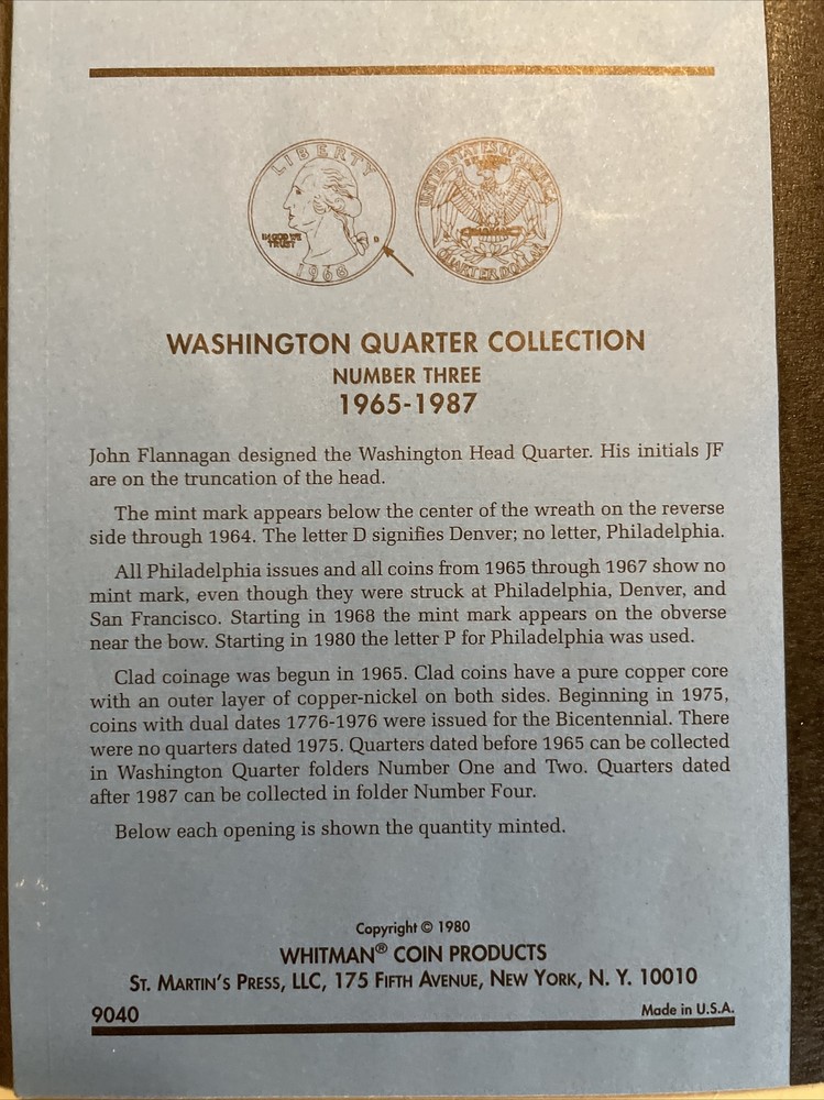 1965-1987 Washington Quarter set with Whitman folder includes 1982 1983 pd mints
