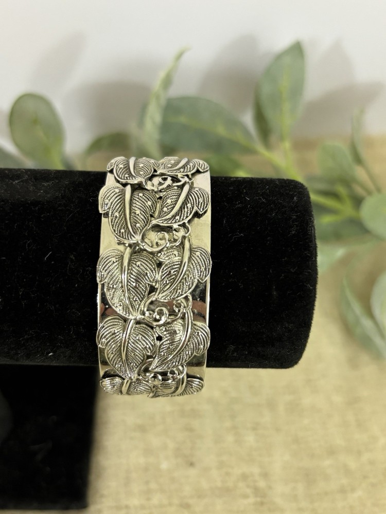 Whiting & Davis Silver Color Cuff Bracelet 3D Leaf Pattern