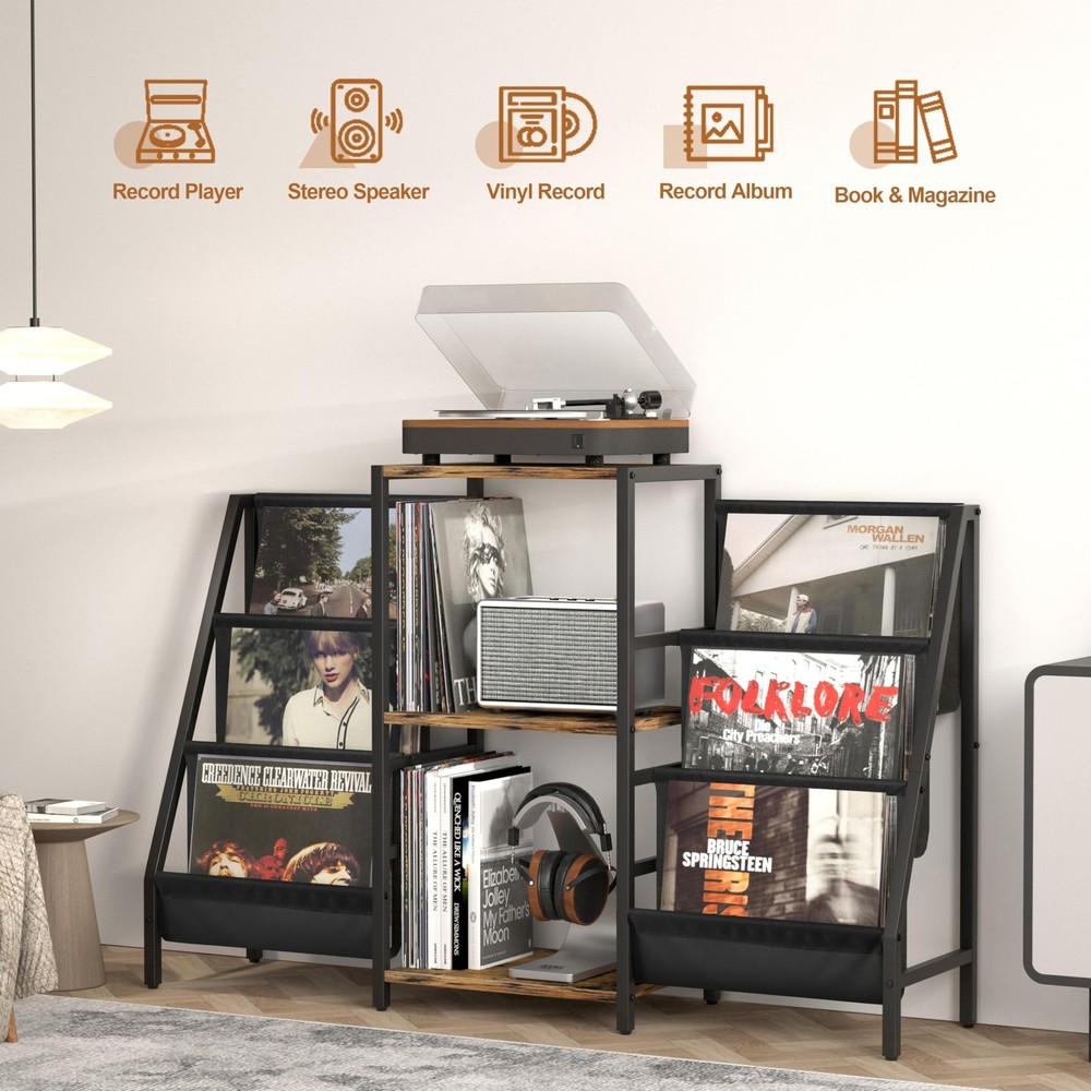 Record Player Stand with Vinyl Storage, Two-side storage-Black&Brown
