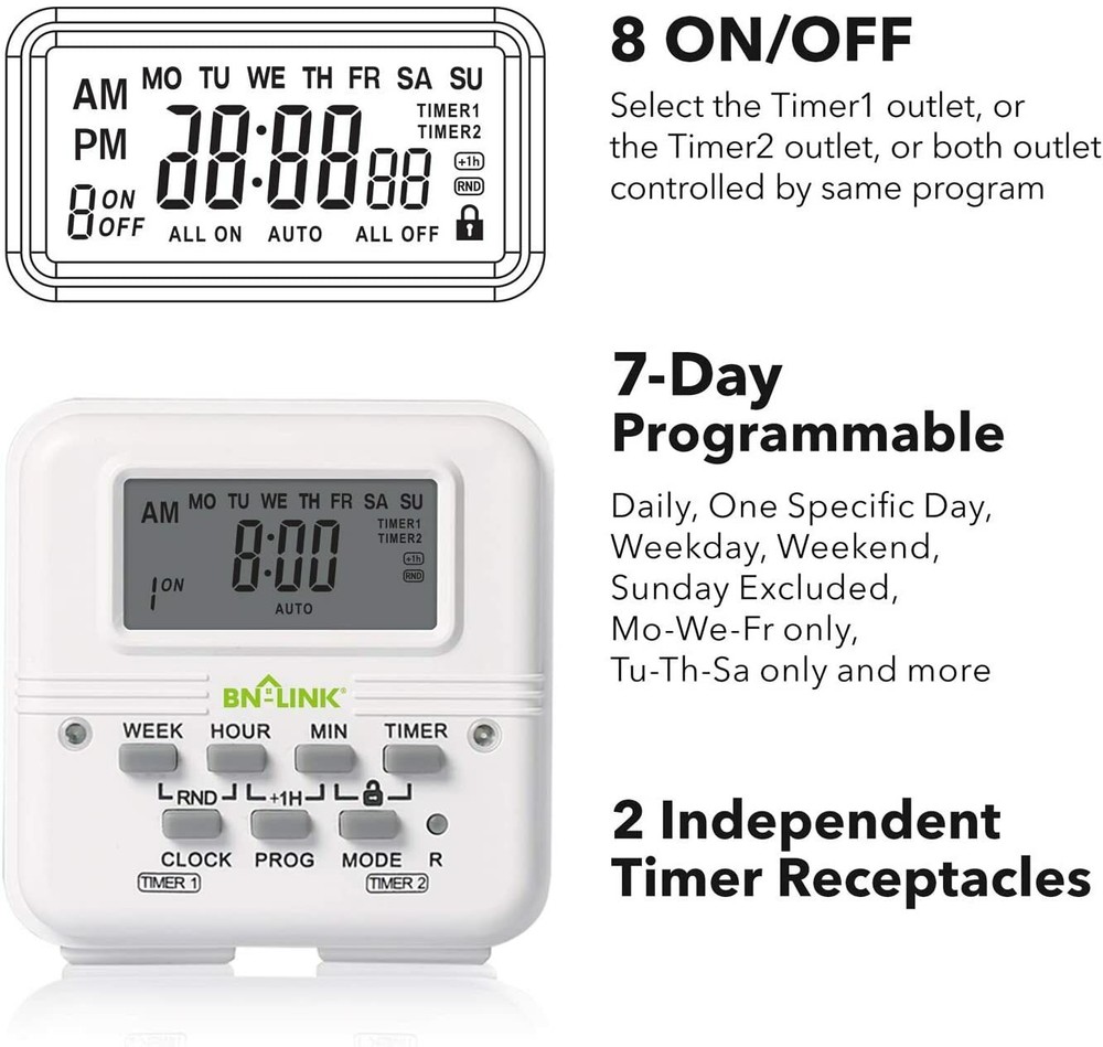 BN-LINK 7 Day Heavy Duty Digital Programmable Dual Outlet Timer - 2
