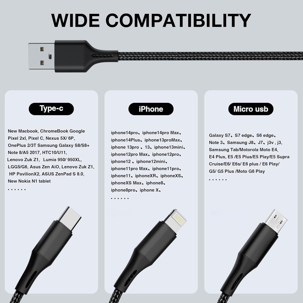3 in1 Multi USB Charger Charging Cable Micro USB Type-C for iPhone Samsung