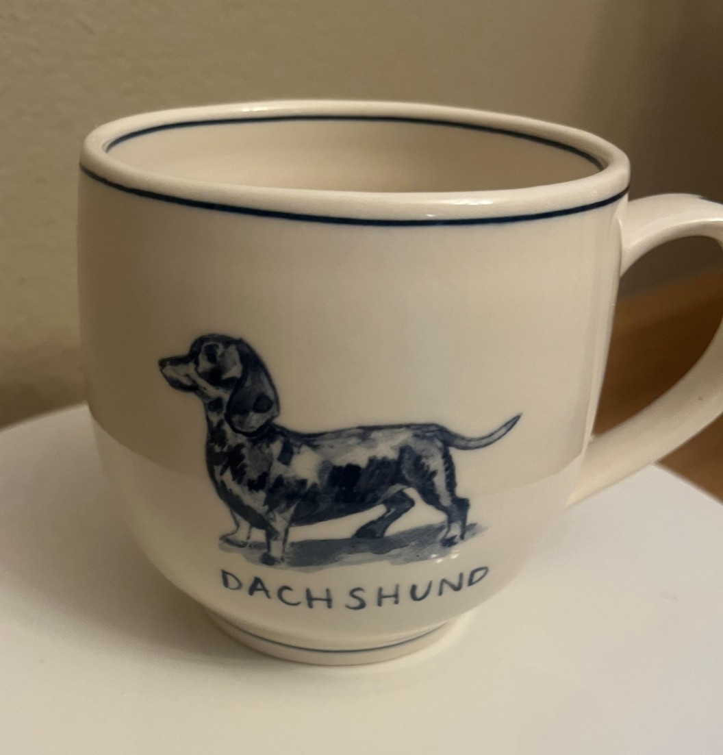 Molly Hatch Anthropologie Dachshund 14oz Coffee Mug Blue Cream Hand Painted