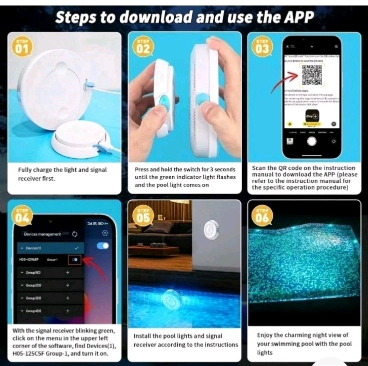 Rechargeable Submersible LED Pool Lights Wireless APP Control Waterproof 4 Pack