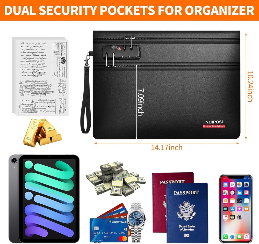 6400℉ Fireproof Money Bag with Lock,Dual-Zip Compartments Fireproof Document ...