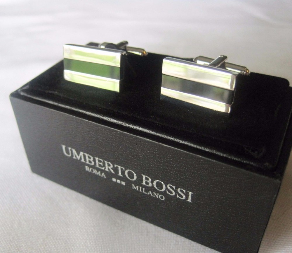 Umberto Bossi Silver-Tone Black Enamel Stripe Cufflinks