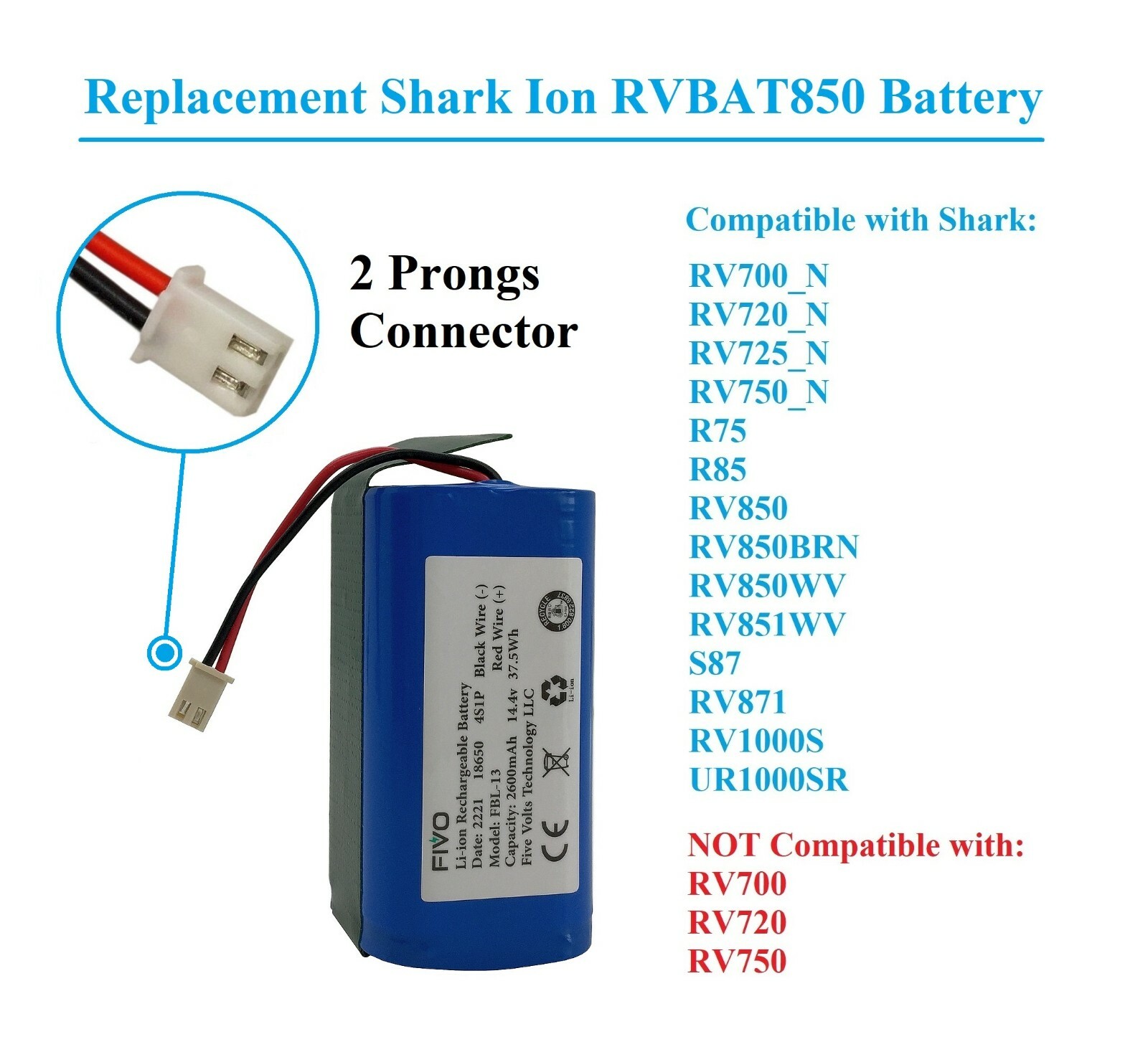 Replacement Battery for Shark Ion R75 RV85 RV850 RV750-N RVBAT850(2-prongs plug)