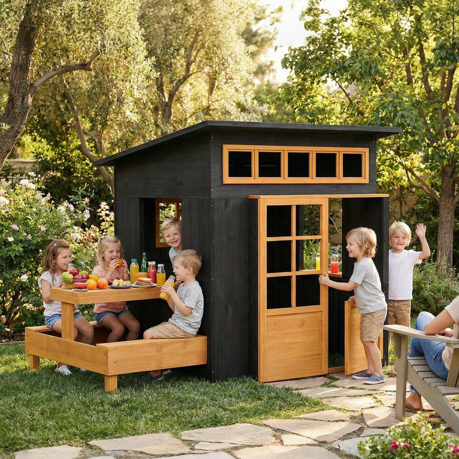 Qaba Kids Outdoor Playhouse, Wooden Kids Playhouse w/ Picnic Table