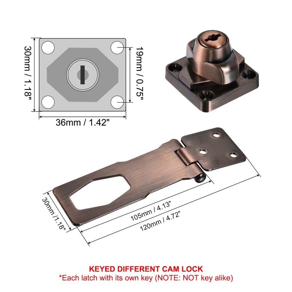 4Inch Keyed Hasp Locks Twist Knob Locking Keyed Different, Copper