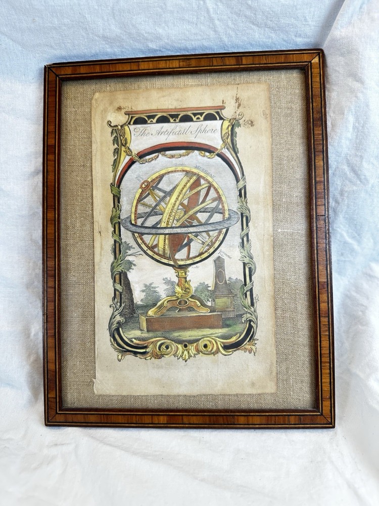 Antique The Artificial Sphere Armillary Engraving Hand Colored Framed Celestial
