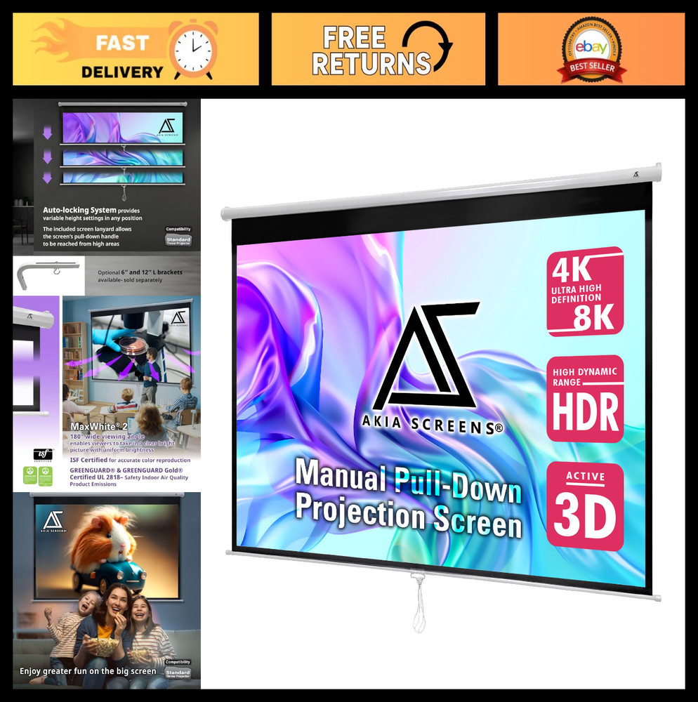 110" Manual Pull Down Projector Screen, 16:9 HD Retractable, Wall/Ceiling Mount,