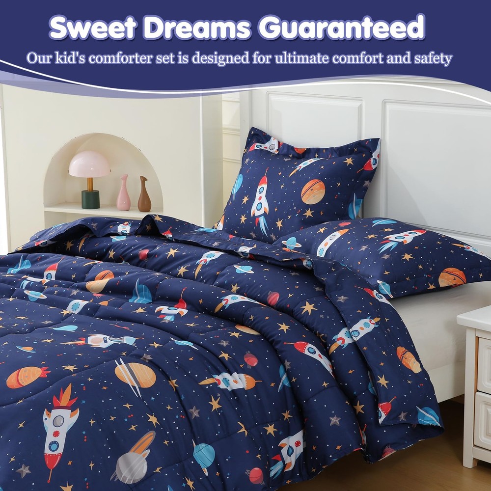 Boys Comforter Set Full Size Bedding Sets Space Rocket Comforter with 2 Pillo...