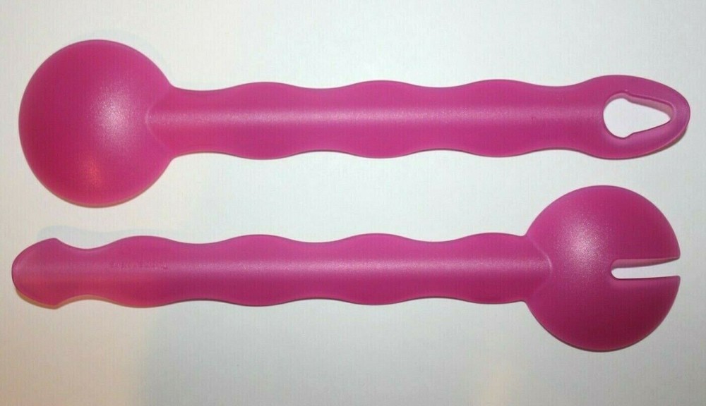 Tupperware Tongs 10" Salad Serving Spoon & Fork Interlocking Rhubarb Purple Pink