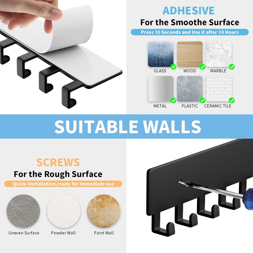 GTK Key Holder for Wall, Hooks with 10 Hooks, Wall Mounted Black