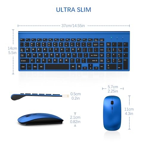 Wireless Keyboard and Mouse Ultra Slim Combo, 2.4G Silent Compact Blue Black