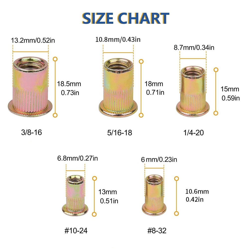 100pcs 1/4-20 Carbon Steel Flat Head Threaded Binding Rivet Nut Insert