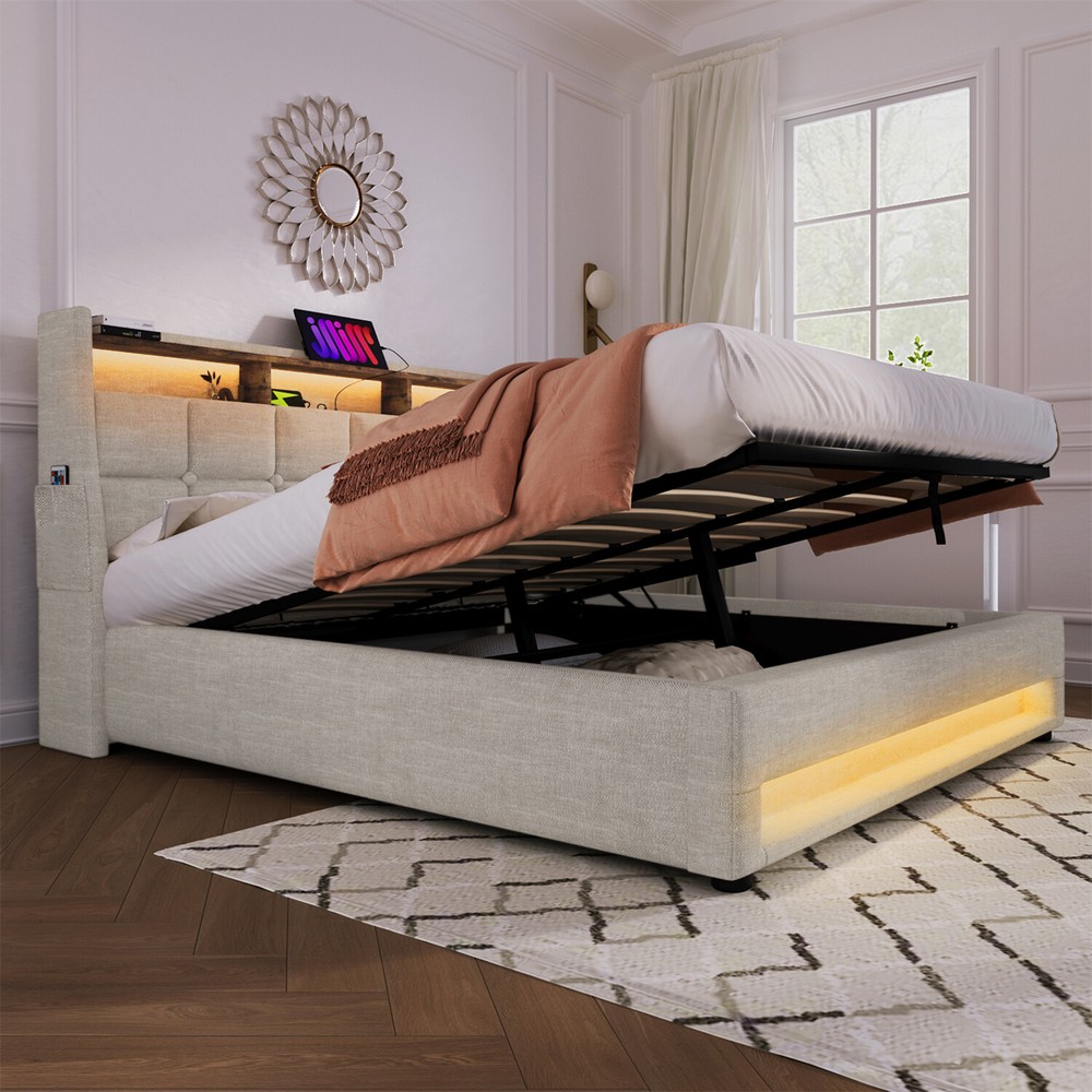 Queen Size LED Bed Frame Upholstered Platform Bed with Hydraulic Storage System