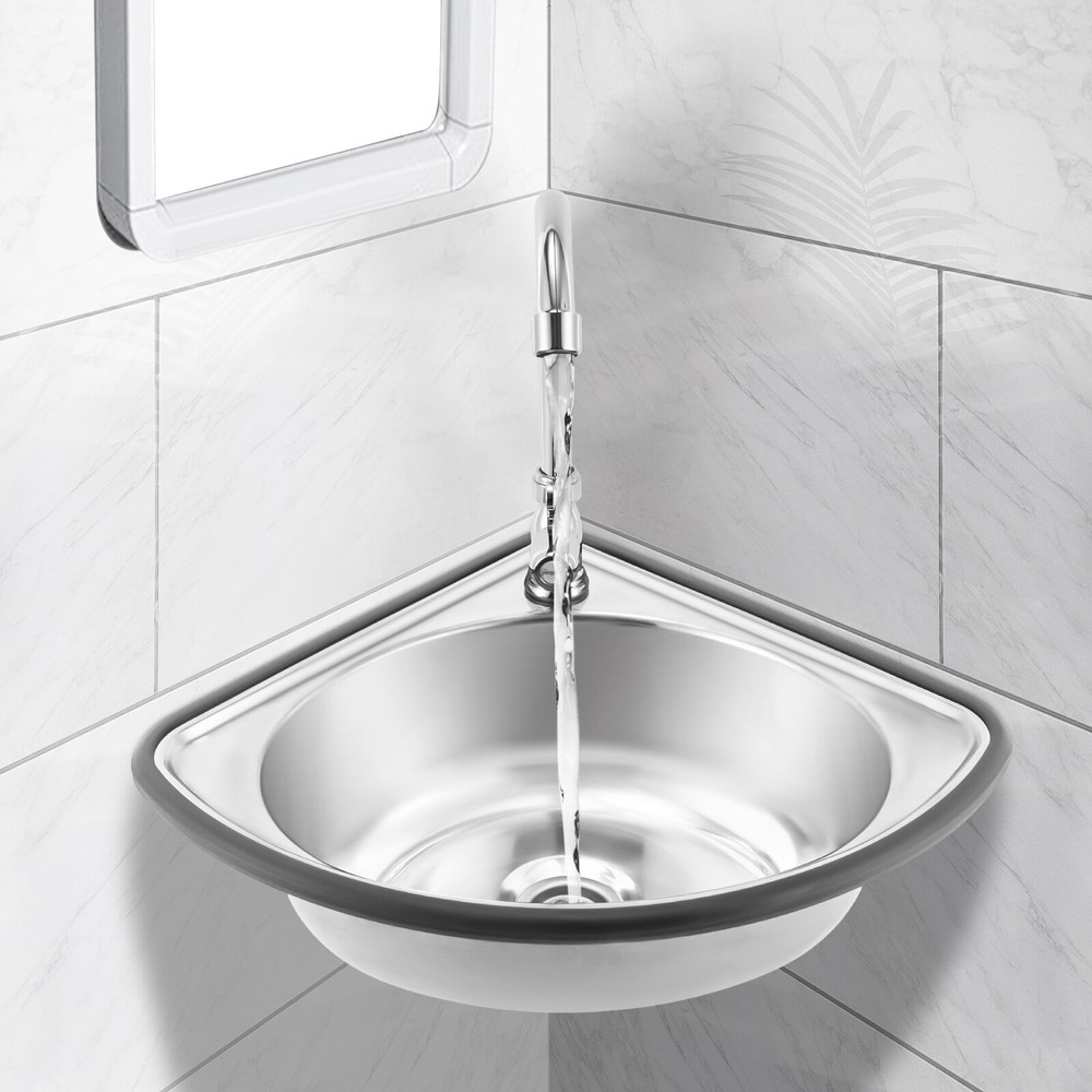 Stainless Triangular Sink w/Faucet & Drain Pipe Bathroom Kitchen Hand Basin Sink
