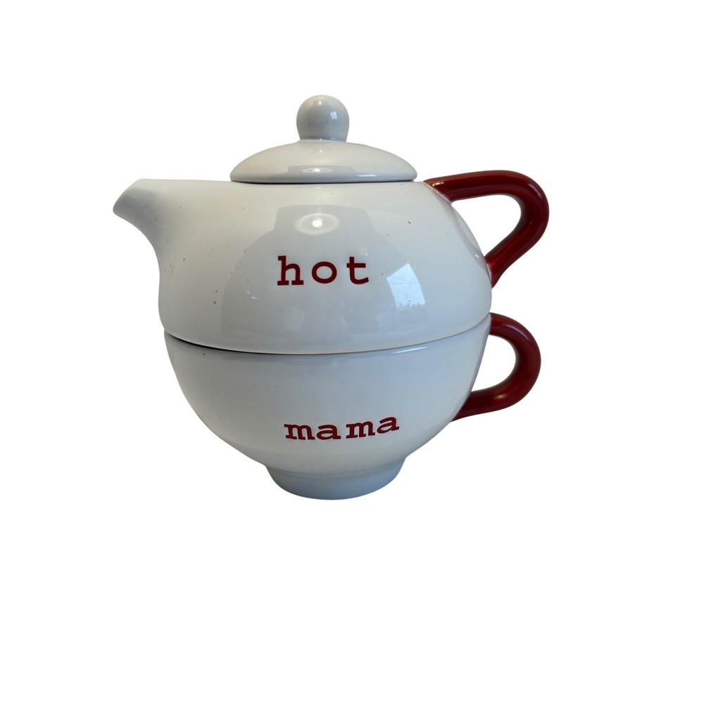 Pottery Barn Hot Mama Teapot Cup Set Red White Ceramic Stacking Mug Kitchenware