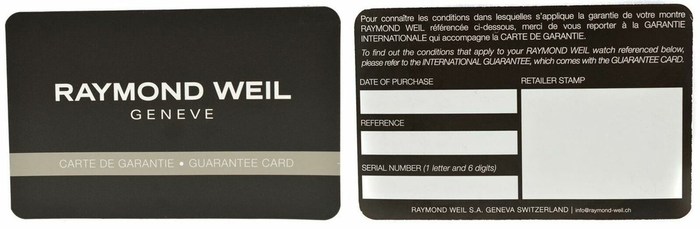 Raymond Weil Unfilled Guarantee Card