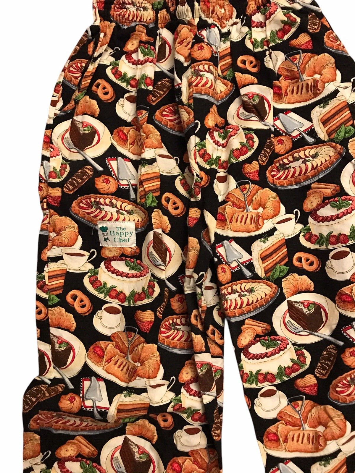 The Happy Chef Black Graphic Women Medium Chef Pants Desserts Coffee Pie