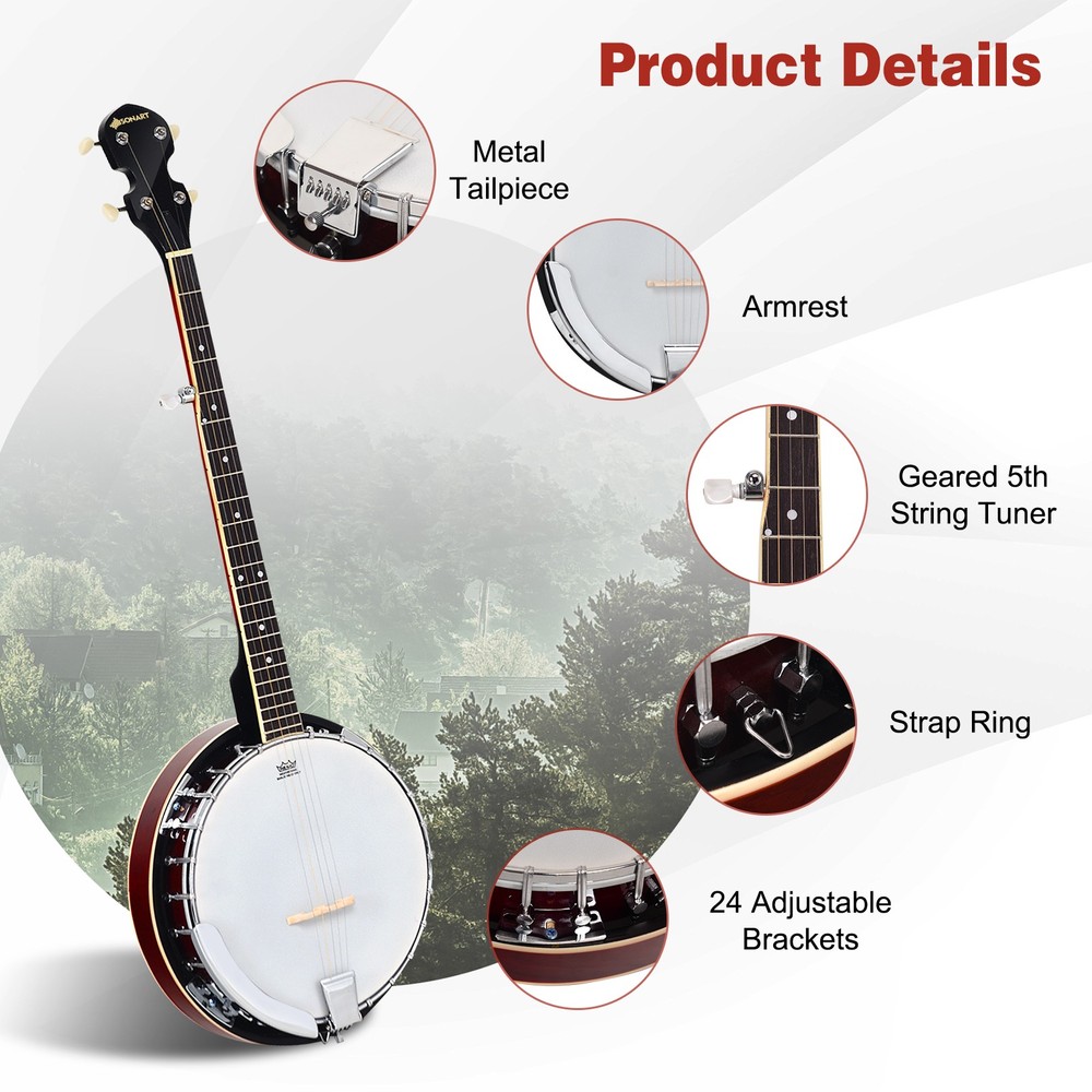Sonart 5 String Geared Tunable Banjo 24 Brackets Closed Back Remo Head with Case