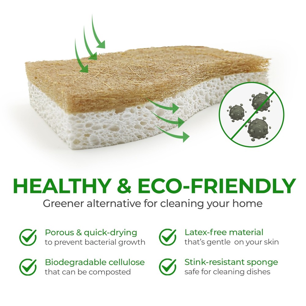 Biodegradable Natural Kitchen Sponge - Compostable Cellulose and Coconut Waln...