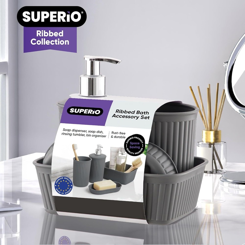 Superio Decorative Ribbed Bathroom Accessory Set, Plastic - Grey (4 Pack)