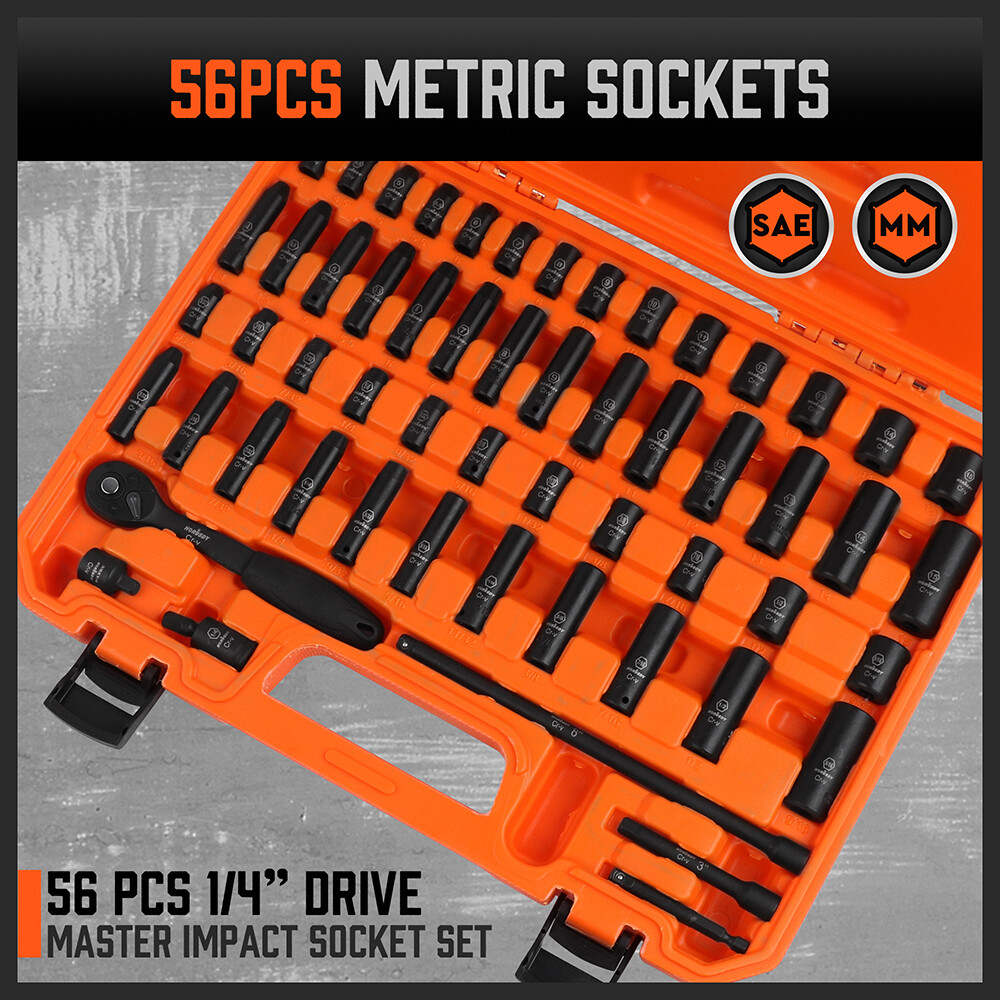 56PC 1/4" Drive Shallow & Deep 6-Point Socket Set Extension Bar Universal Joint