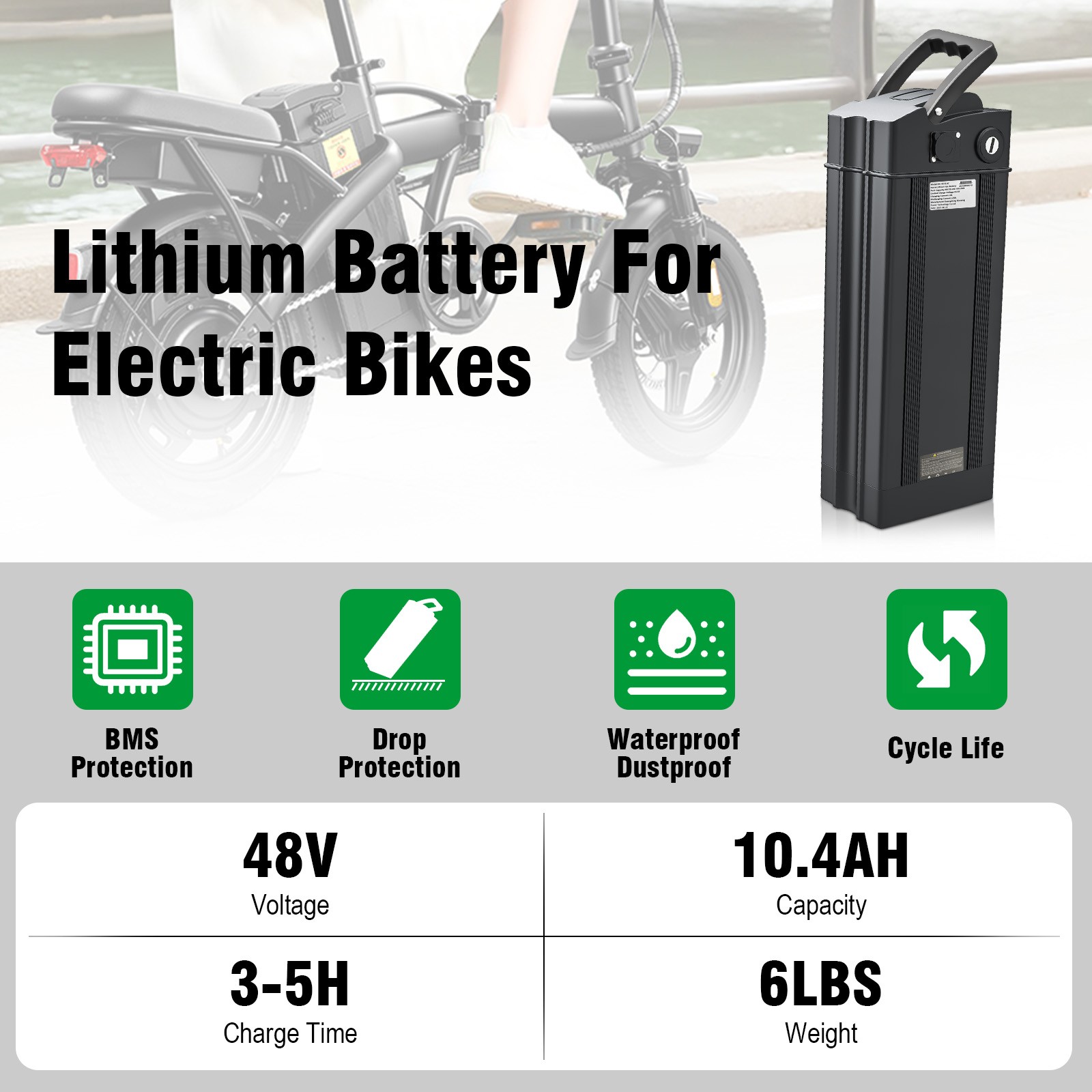 Folding Electric Ebike lithium Battery Replacement ,For 560W Motor 48V 10.4Ah US