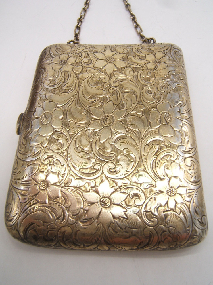 ANTIQUE STERLING SILVER CARD CASE PROFUSELY ENGRAVED WITH FINGER RING & CHAIN