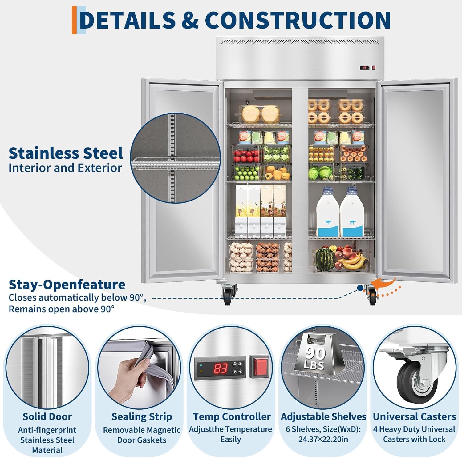 48" Premium Commercial Reach-In Refrigerator Two Door Stainless Steel