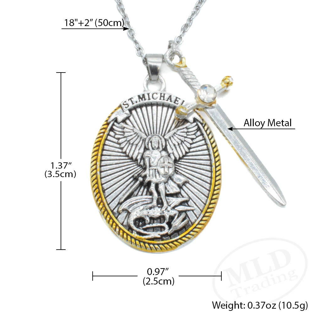 Saint St Michael Pendant Necklace, Oval Silver-Gold, Sword Charm, Ephesians 6:10