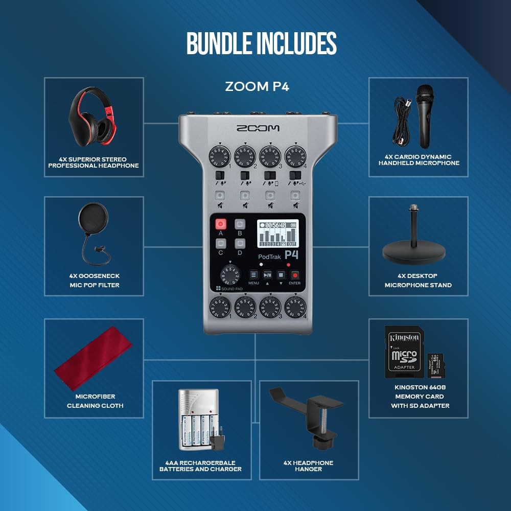 Zoom PodTrak P4 Portable Multitrack Podcast Recorder, Audio Interface w/ 4 Mi...