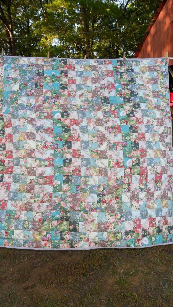 Hand Quilted Patchwork Lap Quilt Multicolored Pink & Red Roses