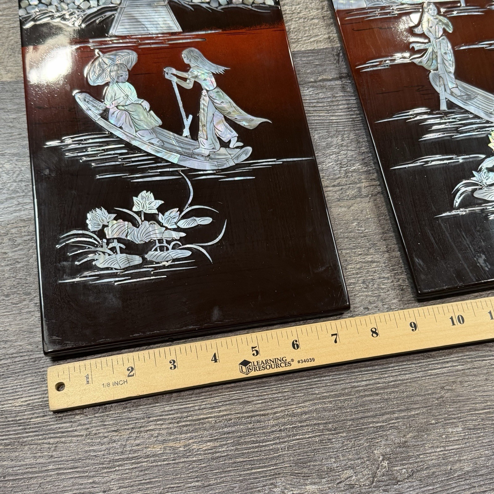 3 Vintage Asian Mother of Pearl Inlay Red Lacquer Wall Panels Village Landscape