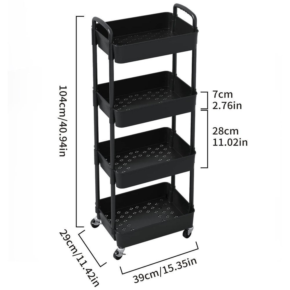 4-Tier Plastic Rolling Utility Cart with Handle Multi-Functional Storage Trolley