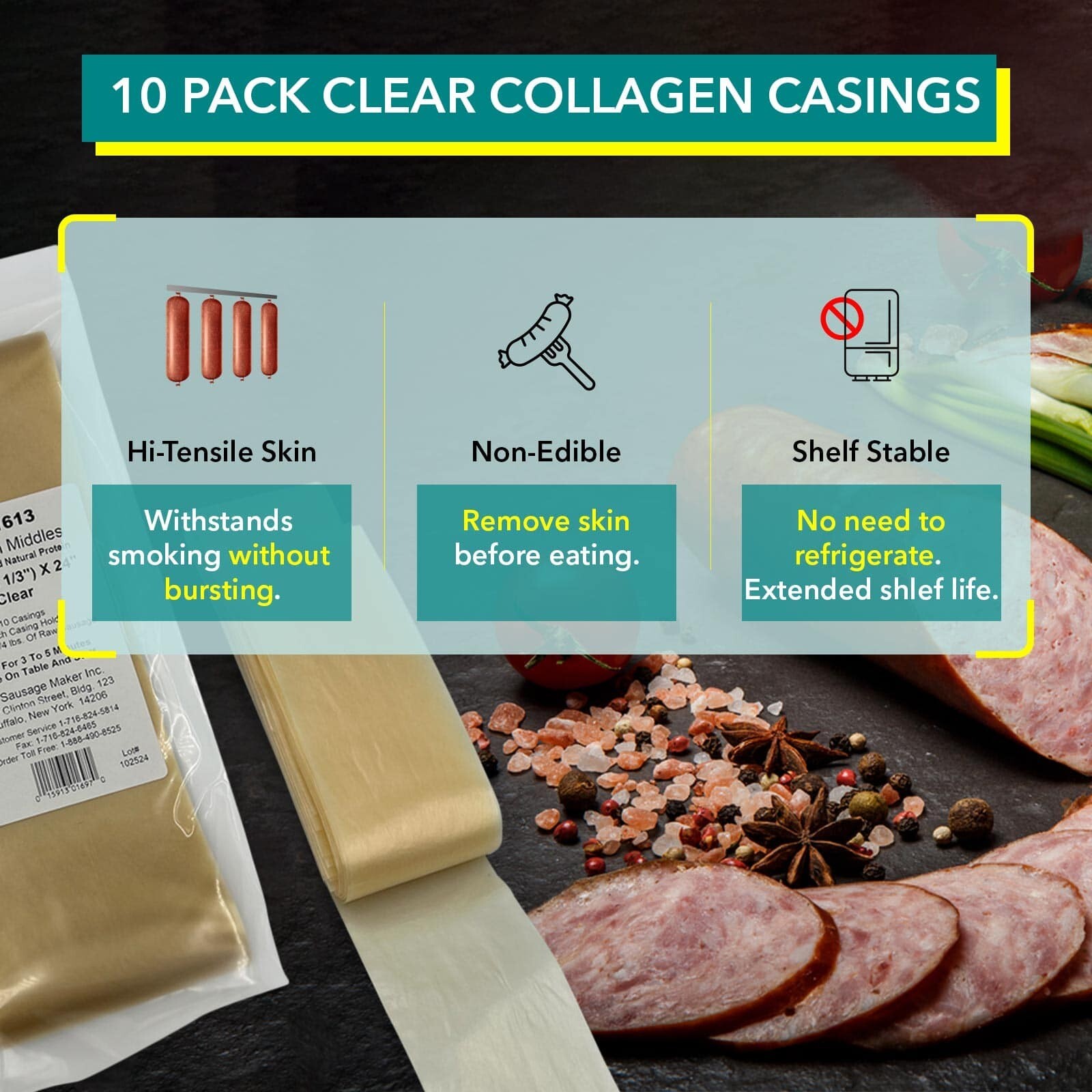TSM® Non-Edible Clear Collagen Casings For Sausage Making 40mm to 100m - 10 Pack