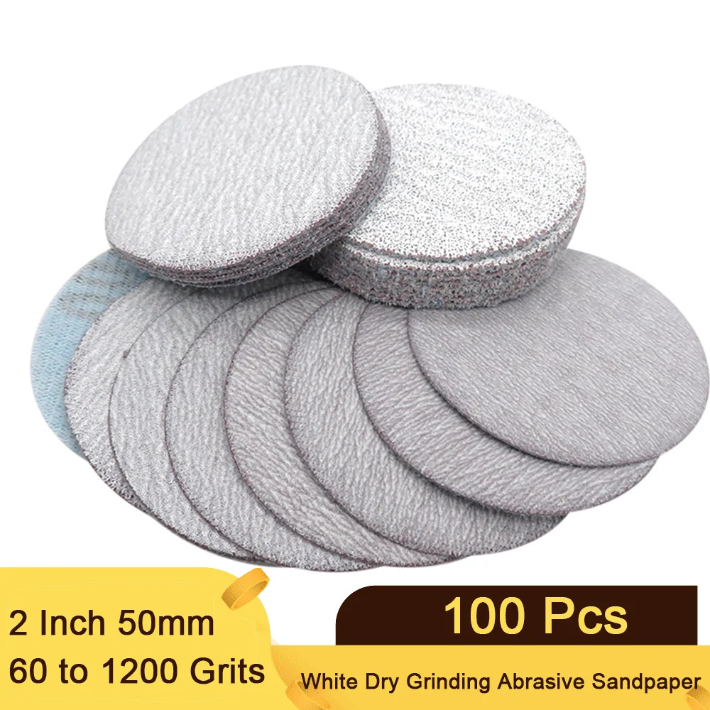 100 PCS 2 Inch 50mm Sanding Discs Hook & Loop White Dry Grinding Abrasive Sandpa
