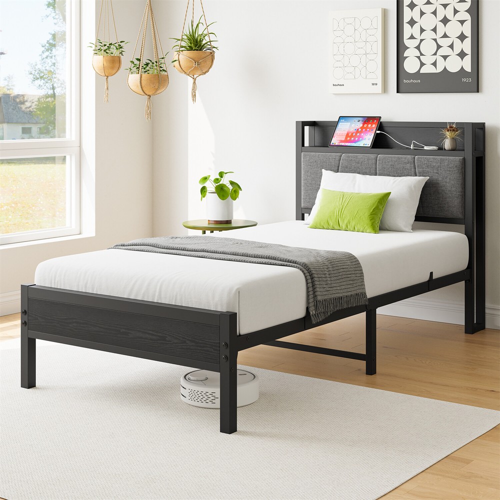 Twin/Full Size Bed Frame Metal Platform Bed Frame with Storage Headboard Black
