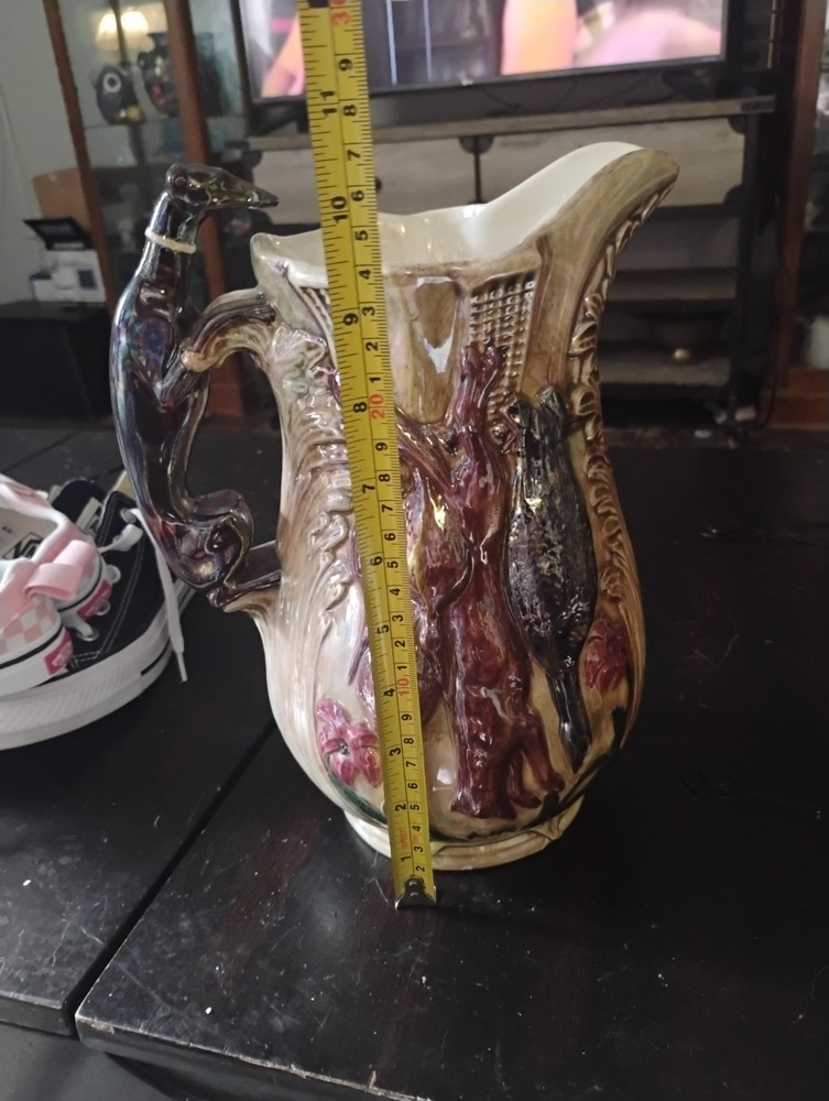 Vintage Hunting Ceramic Pitcher With Greyhound Handle Tiny Chip On Base