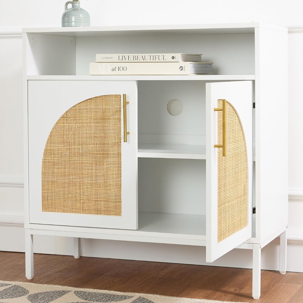 Rattan sideboard, console table, decorative storage cabinet, white