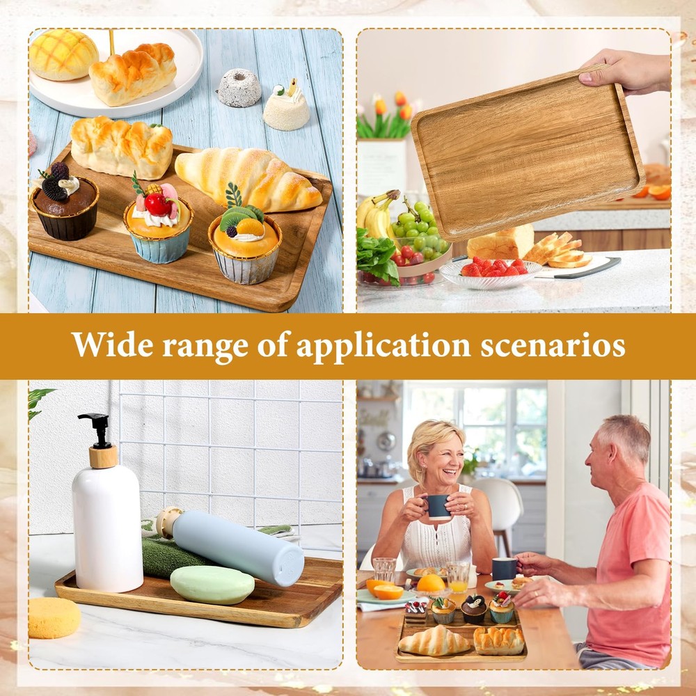 2 PCS 11.8x7.8 Solid Acacia Wood Serving Trays Rectangular Wooden Platters