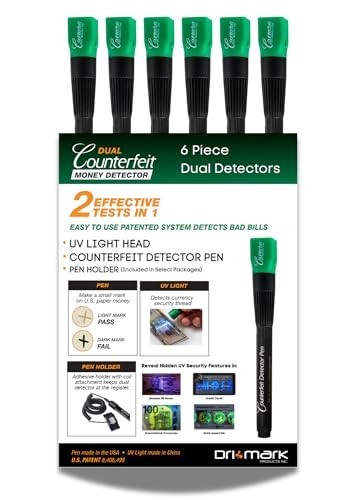 Counterfeit Money Detector Pen Set - 6 Pack UV Light Bill Checker & Security Str
