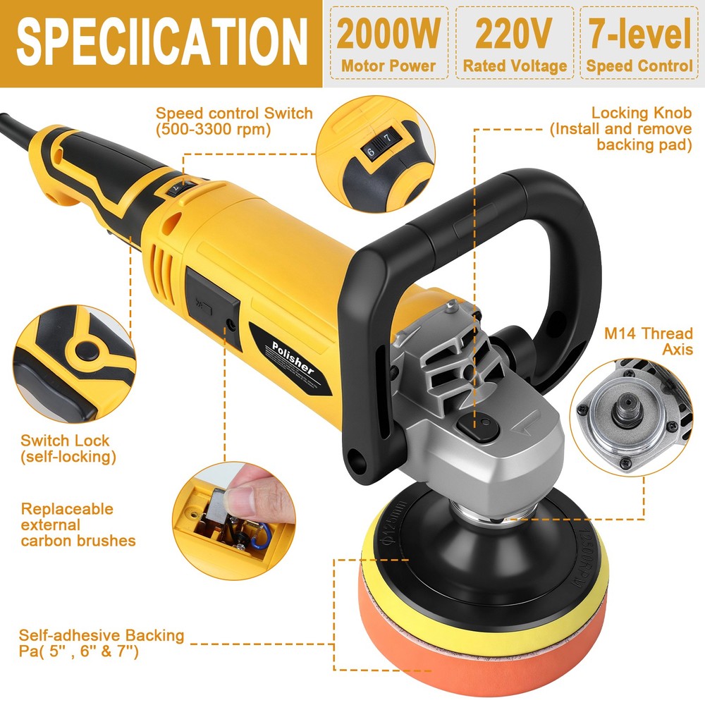 2000W Car Polisher Polishing Machine Kit Buffer Sander Variable Speed 5&6&7" Pad