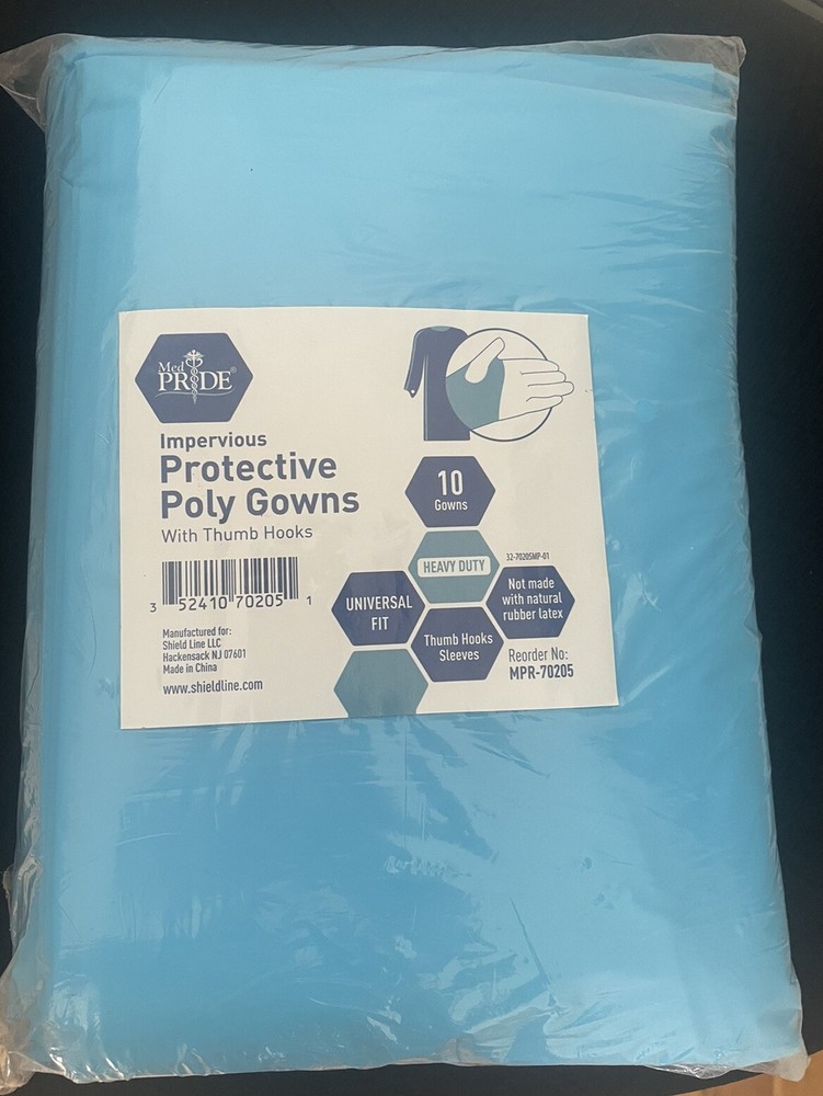 10 Protective poly gowns with thumb hooks. Universal fit.