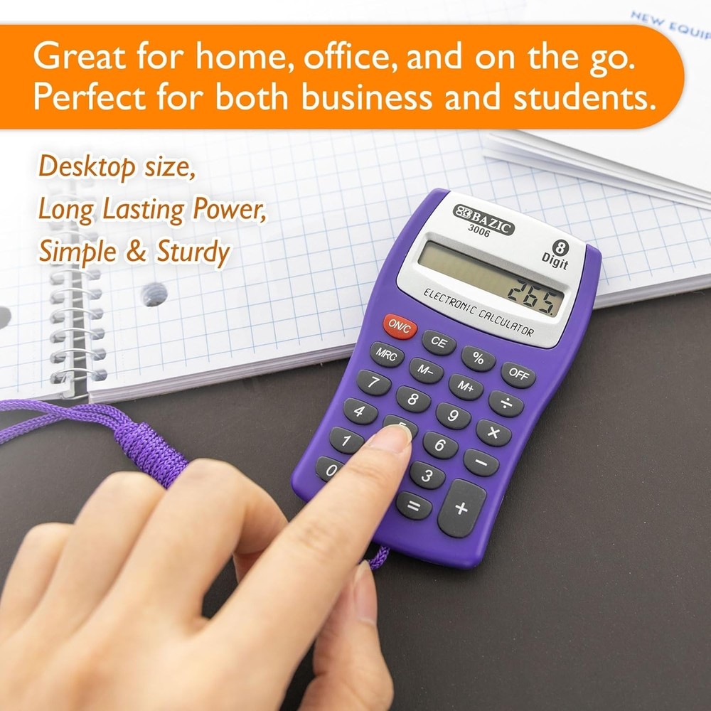 BAZIC Pocket Calculator 8-Digit LCD with Neck String 24-Pack Assorted Colors